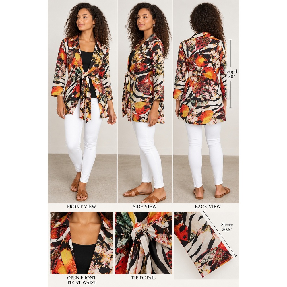 Mishca Butterfly Zebra Print Tie Waist Top Women Size M Cotton Open Front Wrap